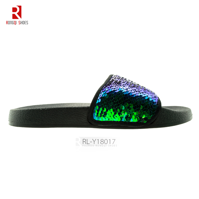 Sequins embroidered PVC slide slippers for ladies